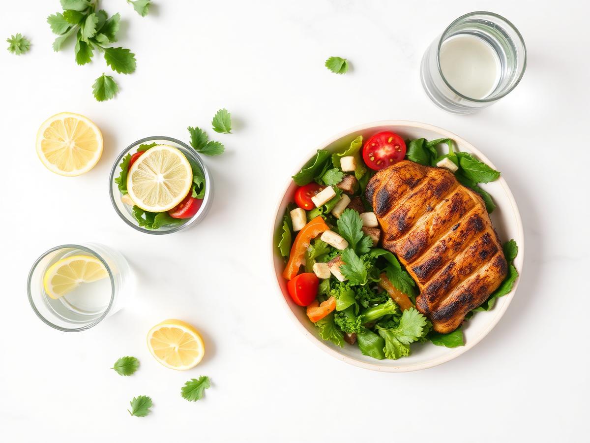 Refeição equilibrada com proteína, salada e água